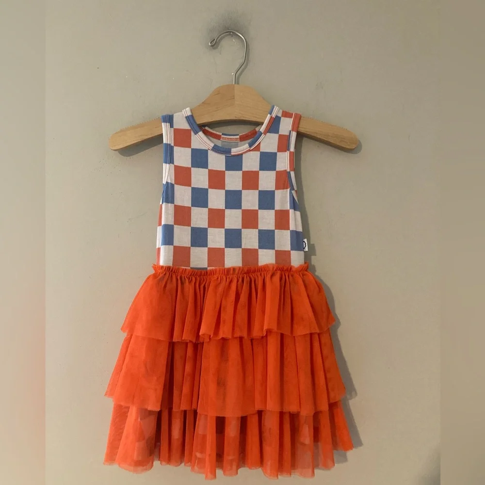 $20 ADD ON dreamy zzz checkered blue and‎ orange dress with tulle skirt vivid